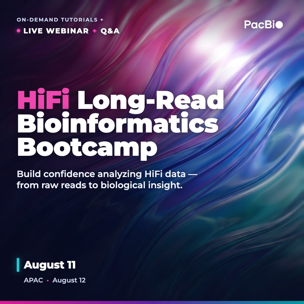 PacBio's tweet photo. Last call! Register for our New Technology Session: HiFi Long-Read Bioinformatics Bootcamp.

Learn to turn raw data into insights, master file formats and workflows for genomes or transcriptomes, and get on-demand lessons plus live Q&amp;A access.

Register: https://t.co/EOgWpsujwW https://t.co/yU15G1cPuk