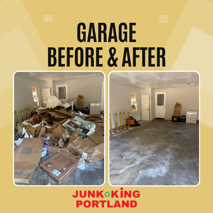 PortlandJunk's tweet photo. Garage buried in cardboard → bare concrete floor. 🚛📦 One visit, hauled and sorted for recycling. ♻️ Free estimates from Junk King Portland — you point, we haul.

#TransformationThursday #JunkKingPortland #JunkRemoval https://t.co/vdbPm6Vnsq