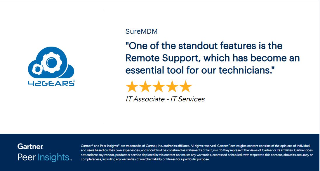 42gears's tweet photo. "When IT professionals speak, we listen."
"One of the standout features is Remote Support..." โ IT Associate, Gartnerยฎ Peer Insightsโข, Jul 2026
Resolve issues faster with built-in Remote Support in every SureMDM tierโno extra tools required.
#SureMDM #RemoteSupport #42Gears https://t.co/hdkdSX6R3D