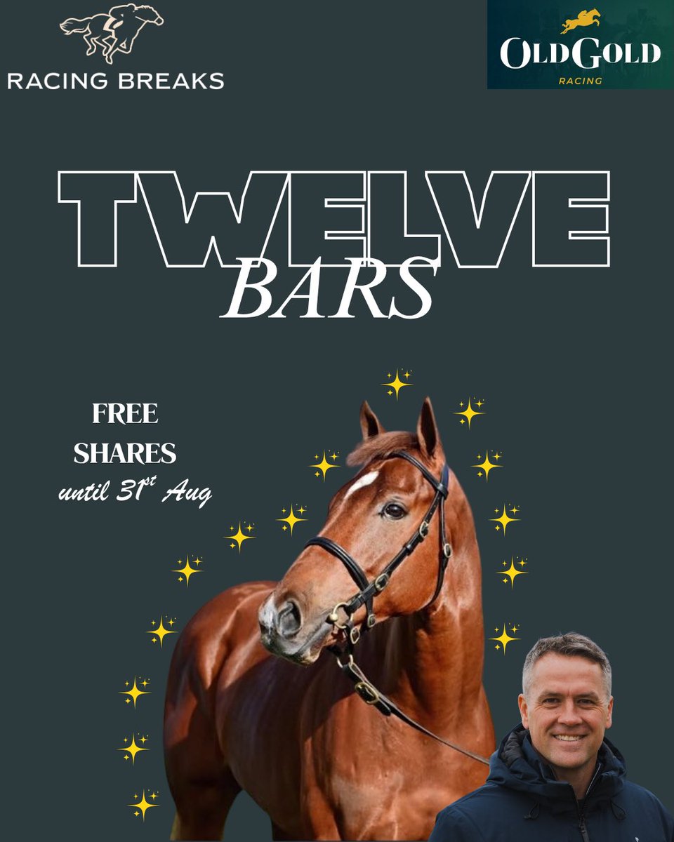 RacingBreaks's tweet photo. ✨Receive a FREE share in our exciting two-year-old TWELVE BARS, with Old Gold Racing, trained by Hugo Palmer, with your next booking. 

• Use code FREESHARE when booking 
• Book by 31st August 
• T’s &amp; C’s apply 

BOOK NOW https://t.co/yuW3Xeikxt @OldGoldRacing https://t.co/hgWCVWfJjb
