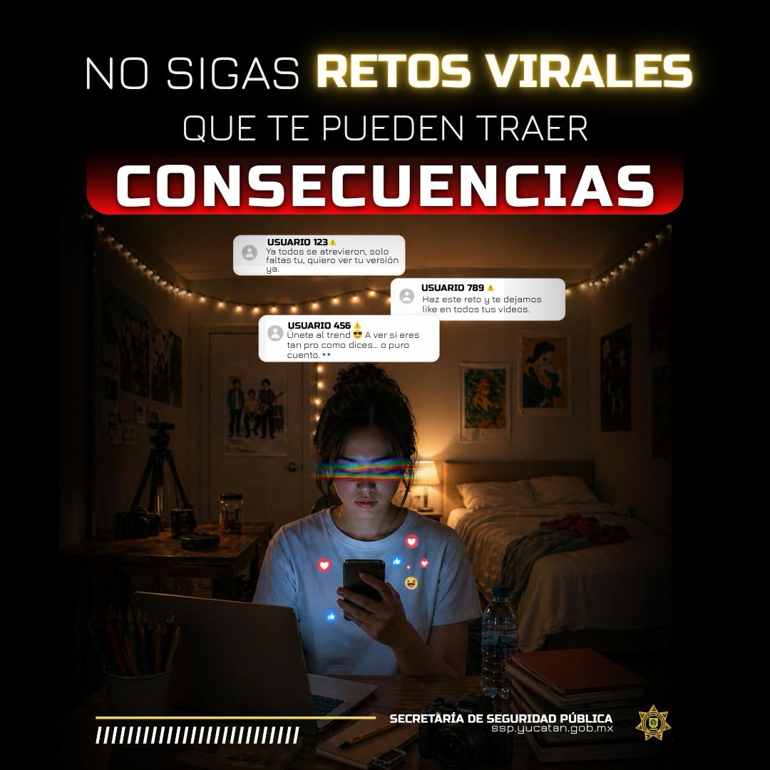 sspyuc's tweet photo. 👀💬 Likes, comentarios y presión social…
No pongas en riesgo tu seguridad por encajar.
🚫📲 Di NO a los retos virales peligrosos. Denuncia al 9-1-1 o al 089. https://t.co/YyXpiO0UZT