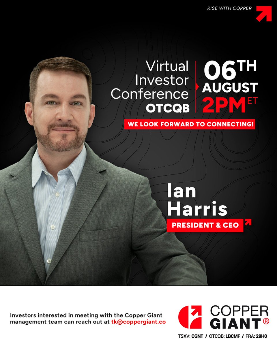 Cu_Giant's tweet photo. Join @IanHarrisMining, President & CEO of Copper Giant, at the OTCQB Virtual Investor Conference.

As Copper Giant advances toward its planned Preliminary Economic Assessment (PEA), the Company continues to build momentum through strategic financing, technical advancement, and the systematic de-risking of the Mocoa Project—one of the world's largest undeveloped copper-molybdenum systems.

August 6
2:00 p.m. ET

Register here: https://t.co/LyBHEydkzo

$CGNT.V $LBCMF
Rise With Copper