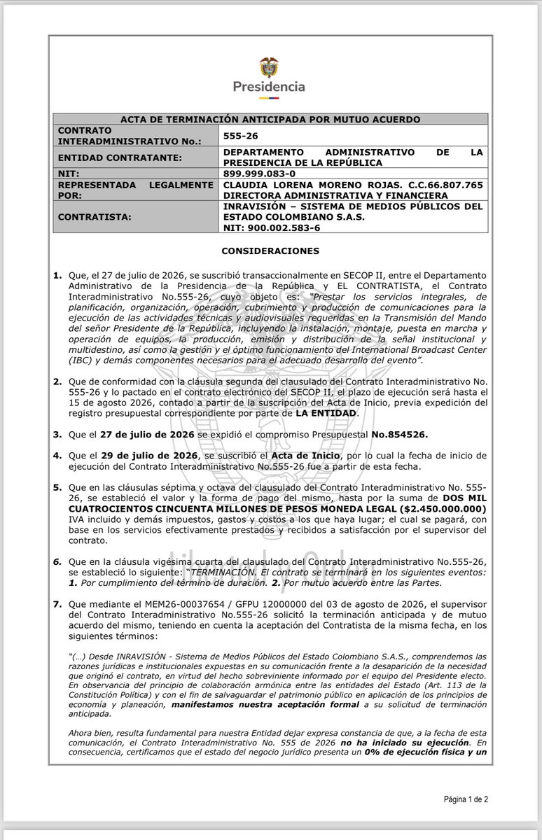 Danielbricen's tweet photo. La decisión del equipo del presidente Abelardo De La Espriella de no transmitir la posesión presidencial a través de RTVC le ahorró a los colombianos los $2.450.000.000 que Petro le había dado a Hollman Morris para esa transmisión.

El contrato firmado por la presidencia de Petro fue terminado de forma anticipada y sin ejecución por la decisión de Abelardo.
