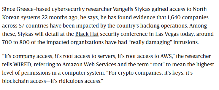 WuBlockchain's tweet photo. Kumio: North Korea Has Successfully Compromised 1640 Companies Across 57 Countries Globally

According to WIRED, Vangelis Stykas, CTO at cybersecurity firm Kumio, revealed that after maintaining access to North Korean hackers' command-and-control servers for 22 months, he discovered that North Korean hackers have compromised 1,640 companies across 57 countries using fake job interview lures. Among them, 700 to 800 organizations suffered highly damaging intrusions, including root access to servers, AWS permissions, and cryptocurrency wallet keys.

The research highlights that hackers maintained a laser focus on cryptocurrency theft, while lax access controls among external contractors vastly amplified the blast radius of these breaches.