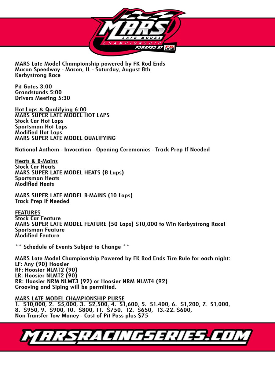 MARSDirtRacing's tweet photo. Order of events for both nights of MARS Late Model Championship powered by @FKrodends action this weekend at @Syc_Speedway and @maconspeedway!

The weather forecasts are shaping up to be great for this weekend as we look forward to two huge nights of racing! https://t.co/94VbOWNsAR