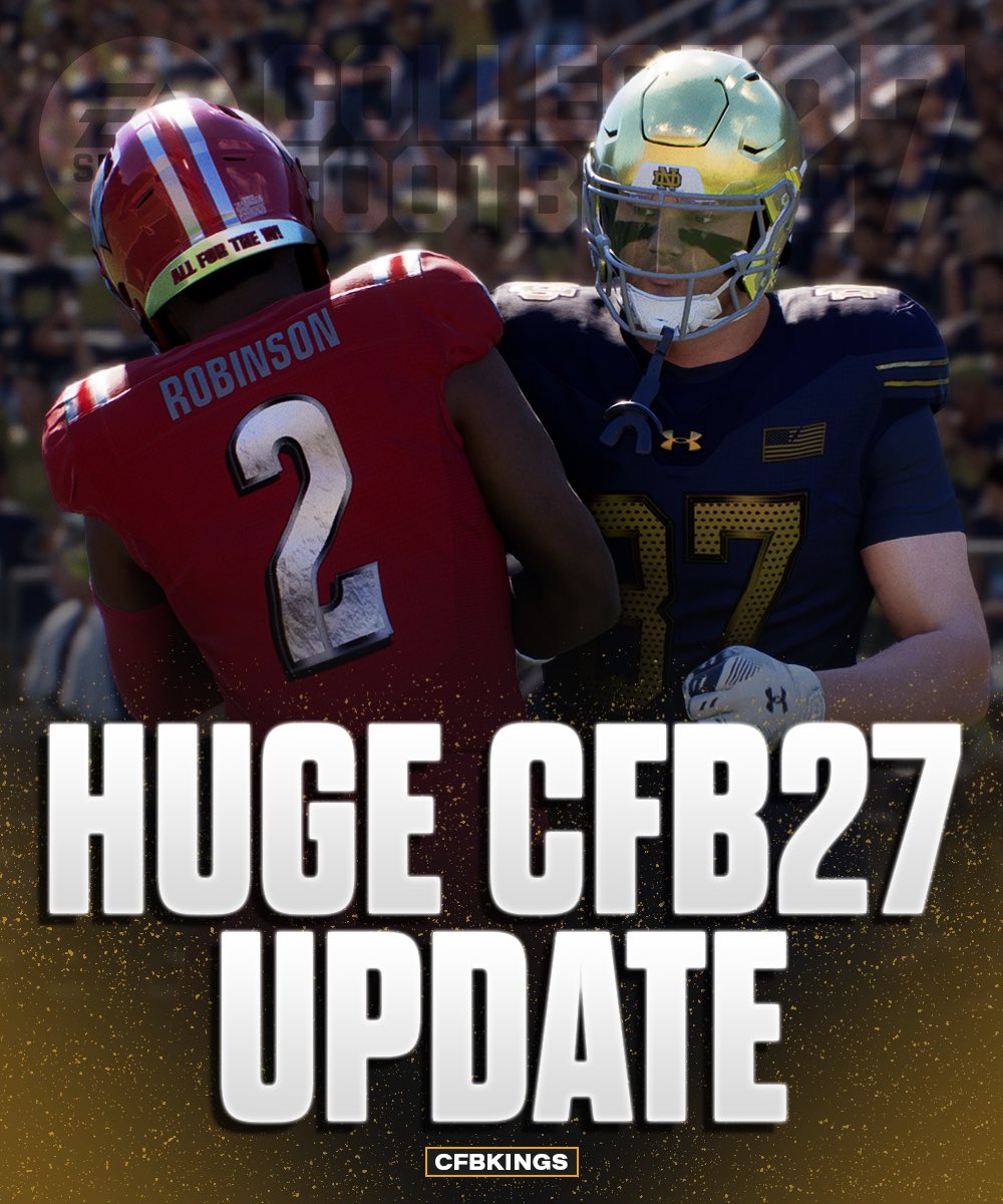 CFBKings's tweet photo. EA dropped a massive title update for College Football 27 this morning 🔥👀

• Several new uniforms, including Wisconsin and Notre Dame’s Shamrock Series unis for Week 1

• 37 new crowd themes (Clemson’s first-ever helmet stripe theme, Tennessee’s blackout, Ole Miss’ stripe out, West Virginia’s Coal Rush, etc.)

• Added Lambeau Field (the venue for Wisconsin vs. Notre Dame this year)

• Five more mascots have been added (Jax State, Kent State, Georgia Southern, Sam Houston, and Troy)

• Ten more rivalry trophies have been added to postgame celebrations (TCU and Texas Tech’s saddle, Purdue and Illinois’ cannon, Minnesota and Penn State’s victory bell, etc.)

• New commentary additions from Rece Davis, Joel Klatt, David Pollack, Jesse Palmer, and Holly Rowe, including 2,500 new lines for rivalry information and player & coach name callouts

• Fixed an issue with Hawaii’s proximity to home grade being F for players from Hawaii

• Increased crowd chant volume