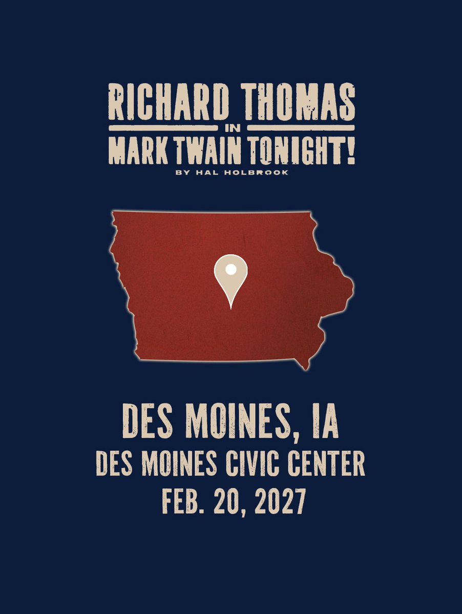 twainplay's tweet photo. Single tickets are now on sale for Mark Twain Tonight! in Des Moines! 🎟️

Don't miss Richard Thomas in this acclaimed one-man performance, bringing the legendary wit, humor, and insight of Mark Twain to life for one unforgettable evening. https://t.co/m3OPHd4TrP