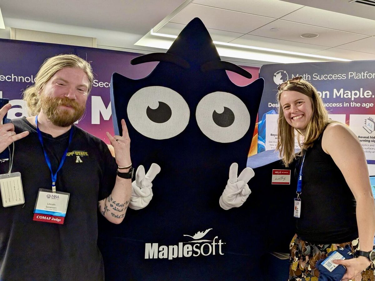 maplesoft's tweet photo. Last night's #MAAthFest Opening Reception was a blast! 💥

Our booth was buzzing with prize wheel spins, 3D math art, and lots of visitors for Mathy – he's already a MathFest celebrity.

Excited for day 2 - Expo Block Party and Puppy Break here we come! 🐶 https://t.co/ELzcS9W4Ht