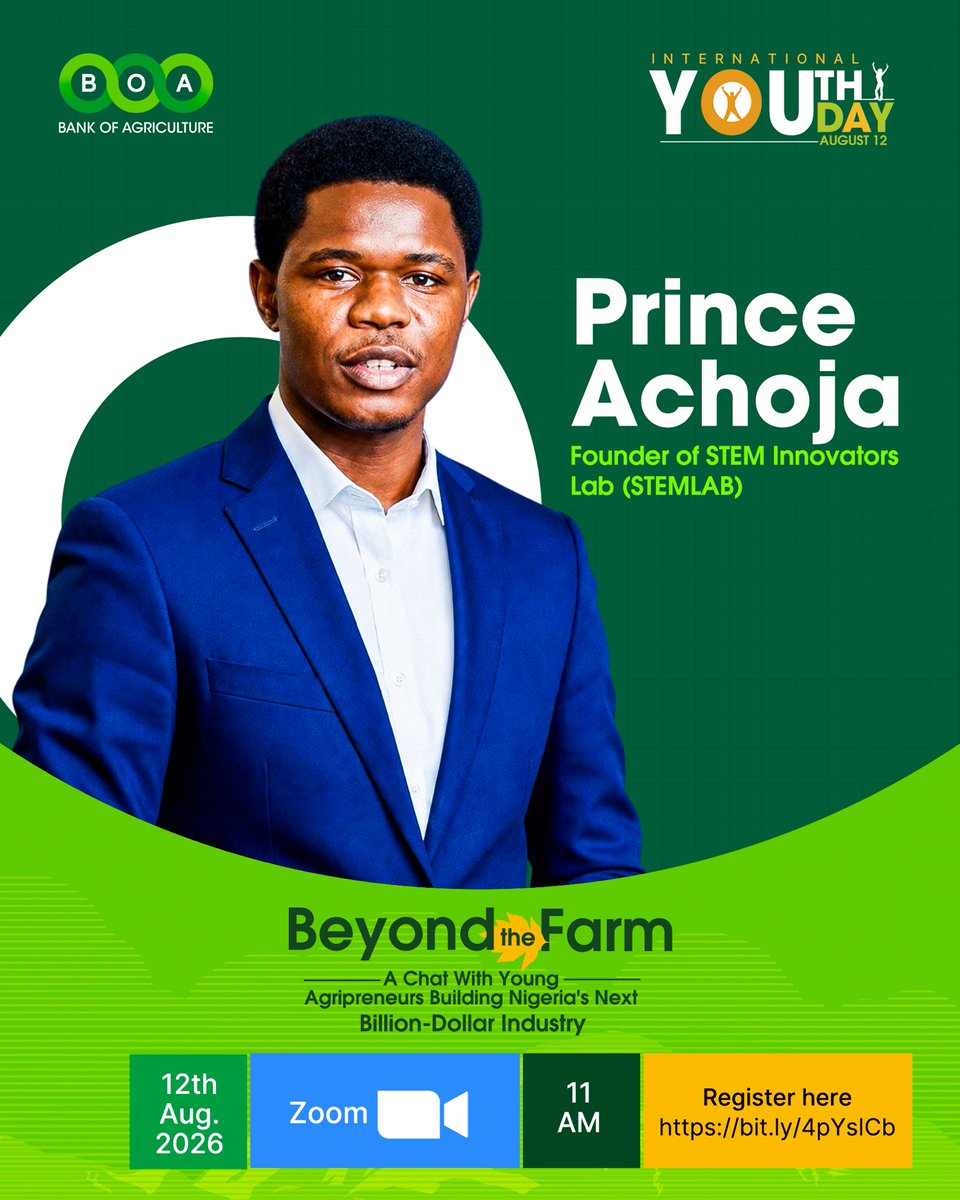bankofagricng's tweet photo. Meet our first speaker @pacchoja 

As the founder of STEM Innovators Lab
(STEMLAB), he has trained over 100,000 young Nigerians in digital skills, and 
entrepreneurship that support farmers.

Register now to be a part of this: 
https://t.co/ZicQftQ0vI

#InternationalYouthDay #BOA https://t.co/XPgyQeMfnw