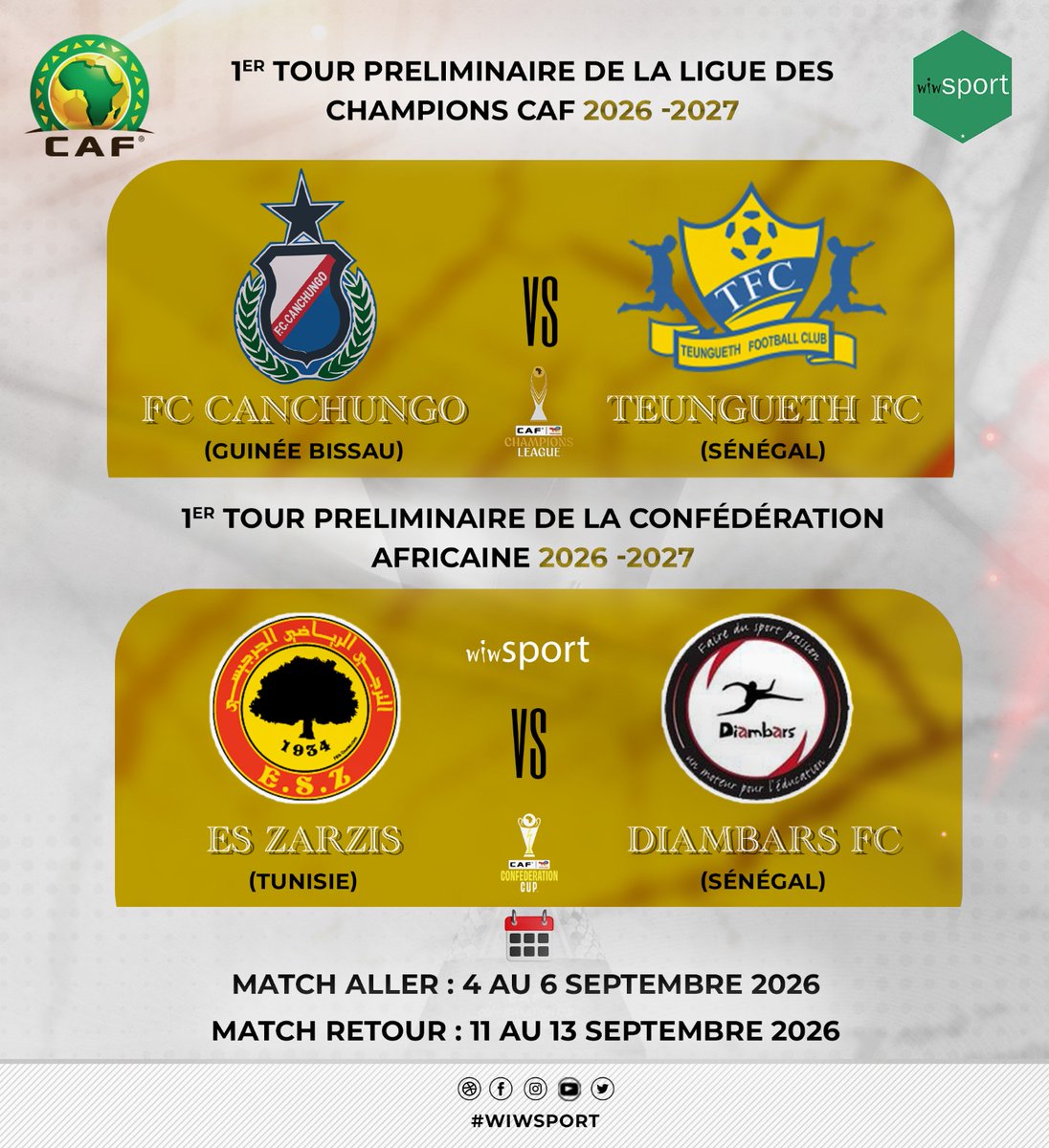 wiwsport's tweet photo. 🇸🇳 Le Sénégal connaît désormais ses adversaires en compétitions africaines ! 🏆
💬 Selon vous, Teungueth FC et Diambars FC passeront-ils ce premier tour ? 👇
#CAFChampionsLeague #CAFConfederationCup #TeunguethFC #DiambarsFC #Wiwsport #CAF https://t.co/p4AT9EUnV9