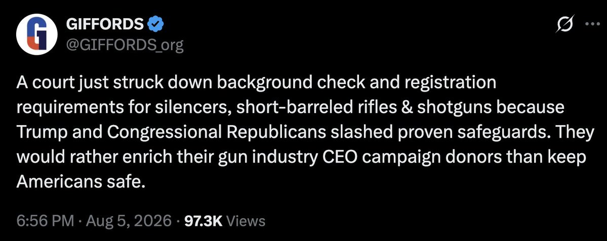 Mrgunsngear's tweet photo. Once again, the gun grabbers at Giffords are peddling falsehoods.   This is simply a lie, no other way to say it.

Eliminating the unconstitutional NFA "laws" doesn't repeal the Gun Control Act restrictions (unfortunately).

I wouldn't hold my breath for a retraction/correction though as truth isn't part of their business model...

#giffords #2nd #lies #propaganda #false #nope #nfa