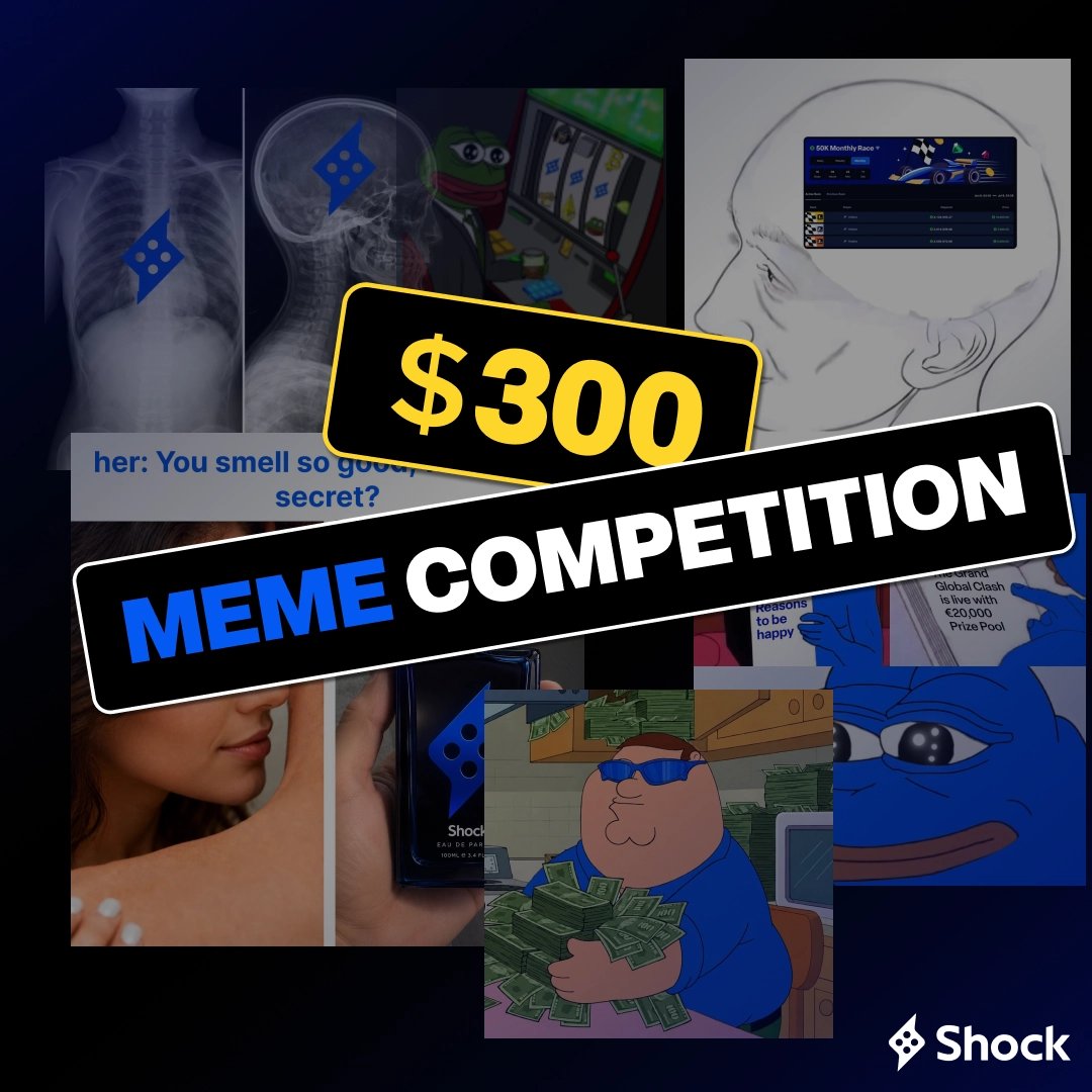 ShockCasino's tweet photo. $300 on the line (6 winners, $50 each)

→ Make a meme about Shock
→ QT this with your meme + Shock username

Funniest ones win 🥇 https://t.co/Ye95iY62WB
