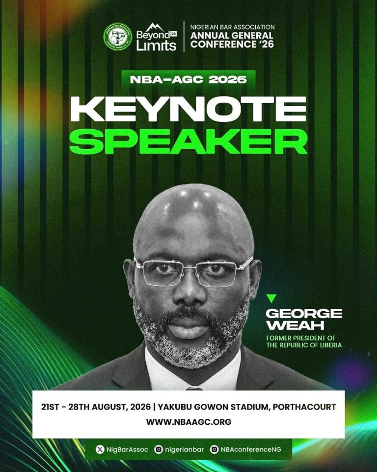 Newswirelem's tweet photo. NBA AGC 2026: GEORGE WEAH TO DELIVER KEYNOTE ADDRESS

The Nigerian Bar Association is pleased to announce that His Excellency George Manneh Weah, a former President of the Republic of Liberia, will deliver the Keynote Address at this year’s Annual General Conference of the Nigerian Bar Association scheduled to hold in Port Harcourt.

Follow us for more  
#BBNaija #BBNaija2026 #ForwardWithAMBO
