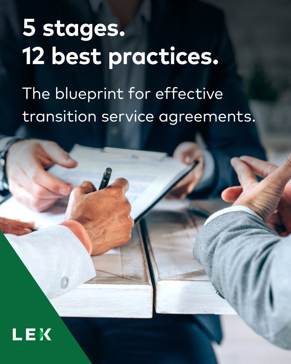 LEK_Consulting's tweet photo. Transition service agreements can make or break a carve-out transition. Clear scope, cost transparency and exit planning can help protect value. Read more here: https://t.co/O7LVN3ouhZ
#CarveOuts #MergersAndAcquisitions #ValueCreation #TransitionServiceAgreement https://t.co/qBJhm7WcGi