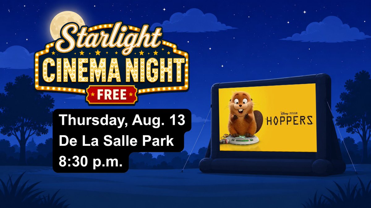 georginatown's tweet photo. Hoppers is coming to De La Salle Park on Aug. 13 at 8:30 p.m. for Starlight Cinema Night. Bring a blanket or lawn chair, pack your favourite snacks &amp; join us for a free outdoor movie night under the stars. Explore the full lineup &amp; locations at https://t.co/R4AZ9jrfyL. 🎬🍿 https://t.co/leLweWJU1q