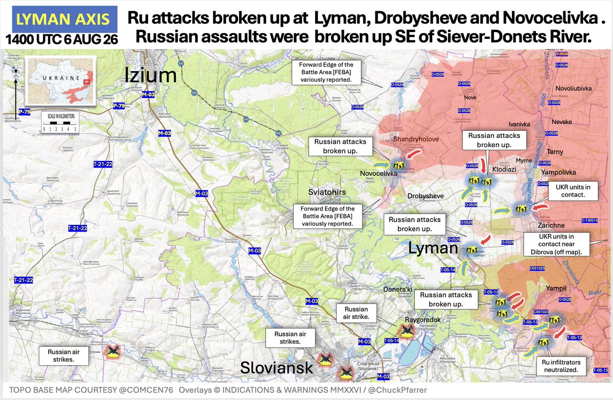 ChuckPfarrer's tweet photo. LYMAN: The Lyman direction saw approximately 14 Russian attempts to breach defenses toward Novoselivka, Lyman, Dibrova, Shyikivka, and Ozerne.  Earlier in the day ~6  contacts were reported as repelled. All were stopped with no breakthroughs. https://t.co/ArC25sLm6U