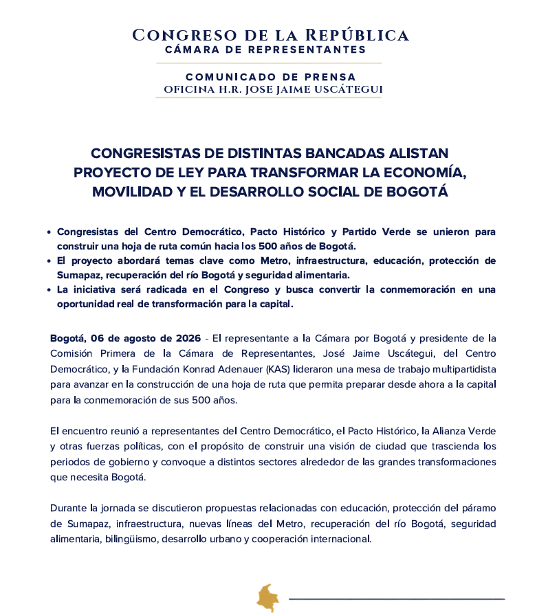 NoticiasRCN's tweet photo. #Noticia | Por el aniversario de Bogotá, congresistas de diferentes bancadas se reunieron para estudiar una propuesta que beneficie a la capital. Representantes del Centro Democrático, el Pacto Histórico y otros partidos presentarán el proyecto la próxima semana ante el Congreso. https://t.co/6vM457ZBoB