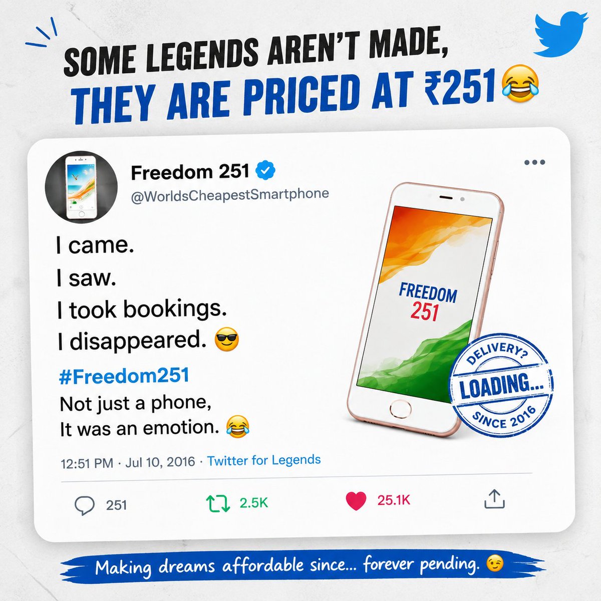 Ankkitss's tweet photo. If you were on the internet in 2016, you remember this. ๐
Freedom 251 wasn't just a โน251
smartphoneโit became one of India's most unforgettable internet moments.
Who else waited for this legendary phone? ๐
Drop your story below. ๐
#Freedom251 #Throwback #TechMemes #Nostalgi https://t.co/EJsakphgxU
