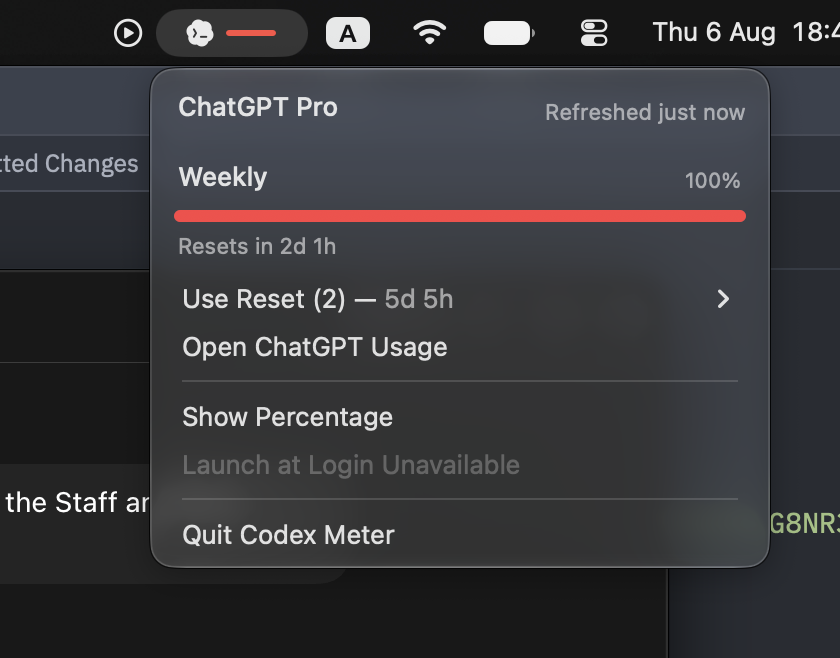 samuelgozi's tweet photo. Would anyone want this?
I built a small macOS menu bar app that shows Codex usage and lets me use a reset without opening ChatGPT.
I made it for myself, but I can release it if there’s interest. https://t.co/cC6gxySYpJ