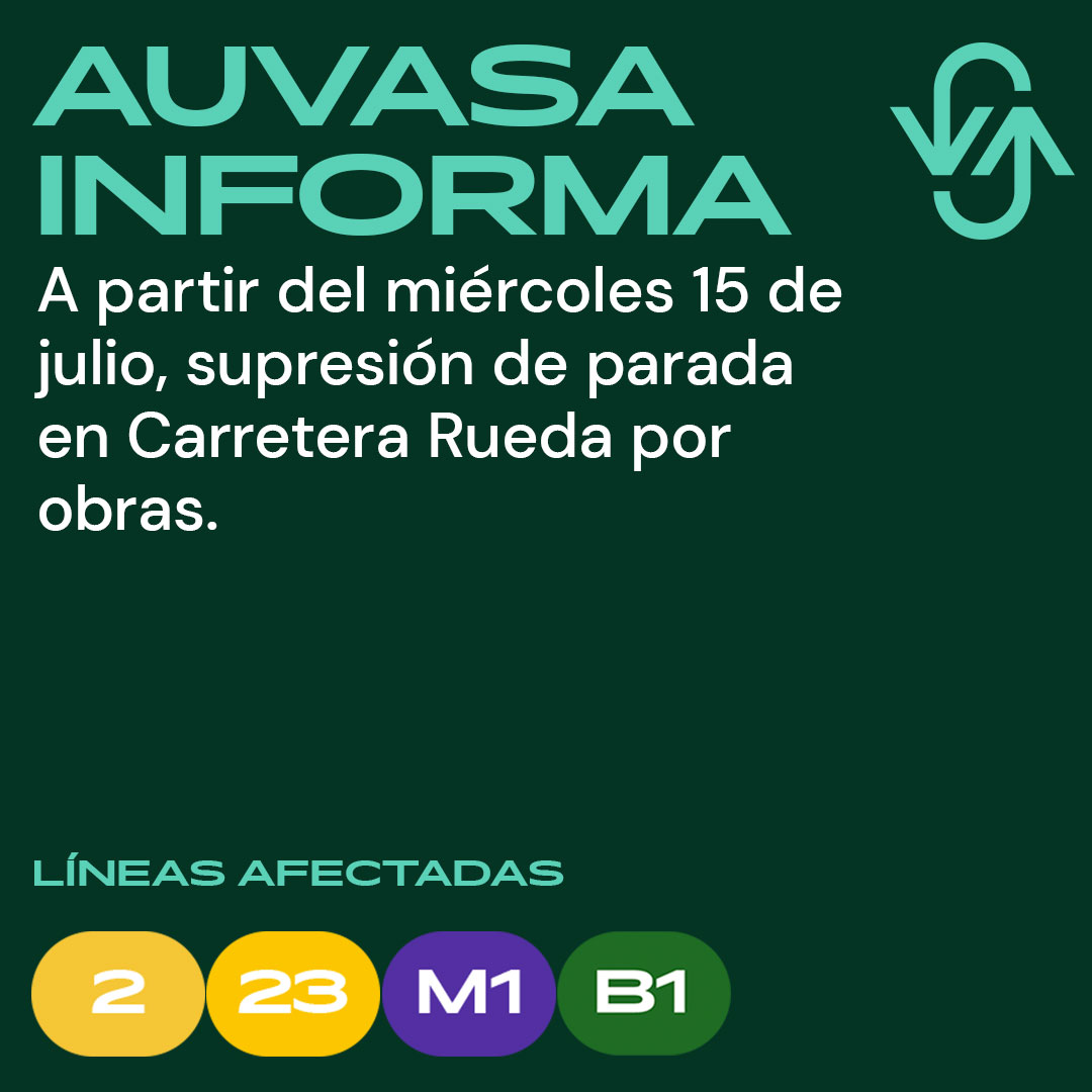 AuvasaVLL's tweet photo. ⛔ Se mantiene la supresión de parada en #CarreteraRueda por trabajos de @aqua_vall

🚍 Líneas afectadas: 2, 23, M1 y B1

❌🚏 Carretera Rueda 47 fte. Imserso
✅🚏 Más cercana: Carretera Rueda 37 esq. Corta https://t.co/dhLcY4nvhv