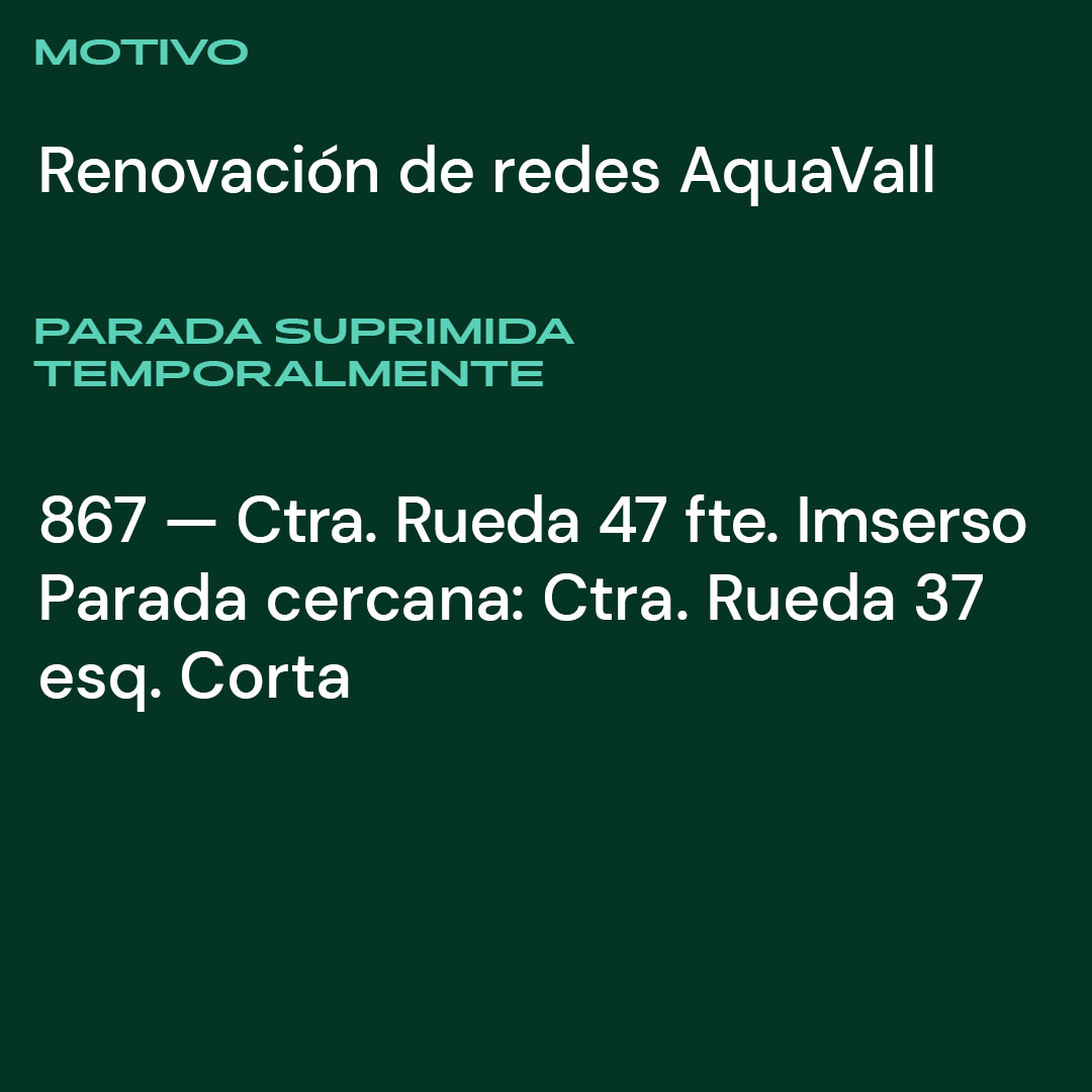 AuvasaVLL's tweet photo. ⛔ Se mantiene la supresión de parada en #CarreteraRueda por trabajos de @aqua_vall

🚍 Líneas afectadas: 2, 23, M1 y B1

❌🚏 Carretera Rueda 47 fte. Imserso
✅🚏 Más cercana: Carretera Rueda 37 esq. Corta https://t.co/dhLcY4nvhv
