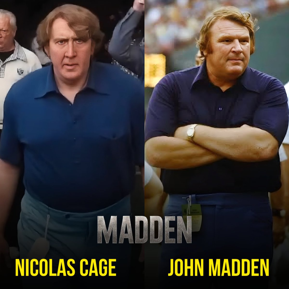 FeelsCinema's tweet photo. New Look at Nicolas Cage as John Madden in David O’Russell’s ‘MADDEN’.

The film follows the life of American football coach and commentator John Madden.

Releasing November 18 on Prime Video. https://t.co/VMjelc0FBl