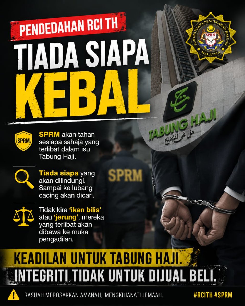 MrXx0ux's tweet photo. β οΈ Tiada lagi ruang untuk bersembunyi.
Jika ada salah laku, biarlah undang-undang menentukan.
#Integriti #RCITH #SPRM #TabungHaji https://t.co/lXmmaqafqd
