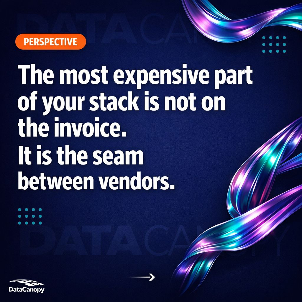 datacanopy's tweet photo. The most expensive line item in your infrastructure isn't on the invoice. It's the seam between vendors.

Best-of-breed everything makes YOU the systems integrator. When it breaks at 2am, you hold every phone number.

The case for one hand to shake: https://t.co/y6c2pHhrkA https://t.co/cxXOFahViB