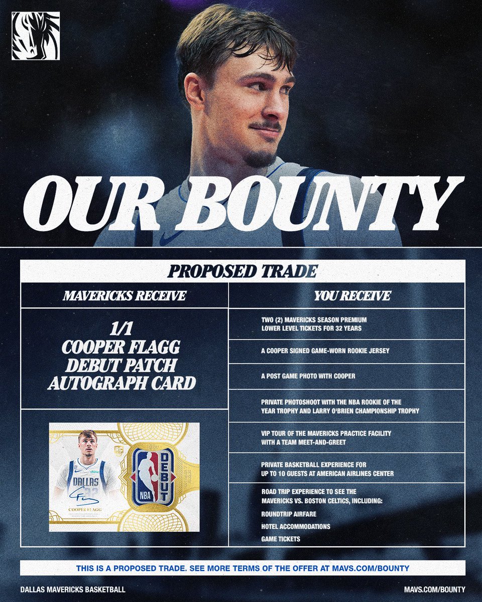 dallasmavs's tweet photo. WANTED: THE ONE OF ONE.

The Cooper Flagg Rookie Debut Patch Autograph Card is officially out there.

If you have it, we want it. Claim the bounty. Good luck! #MFFL https://t.co/5CFPTQSyfc