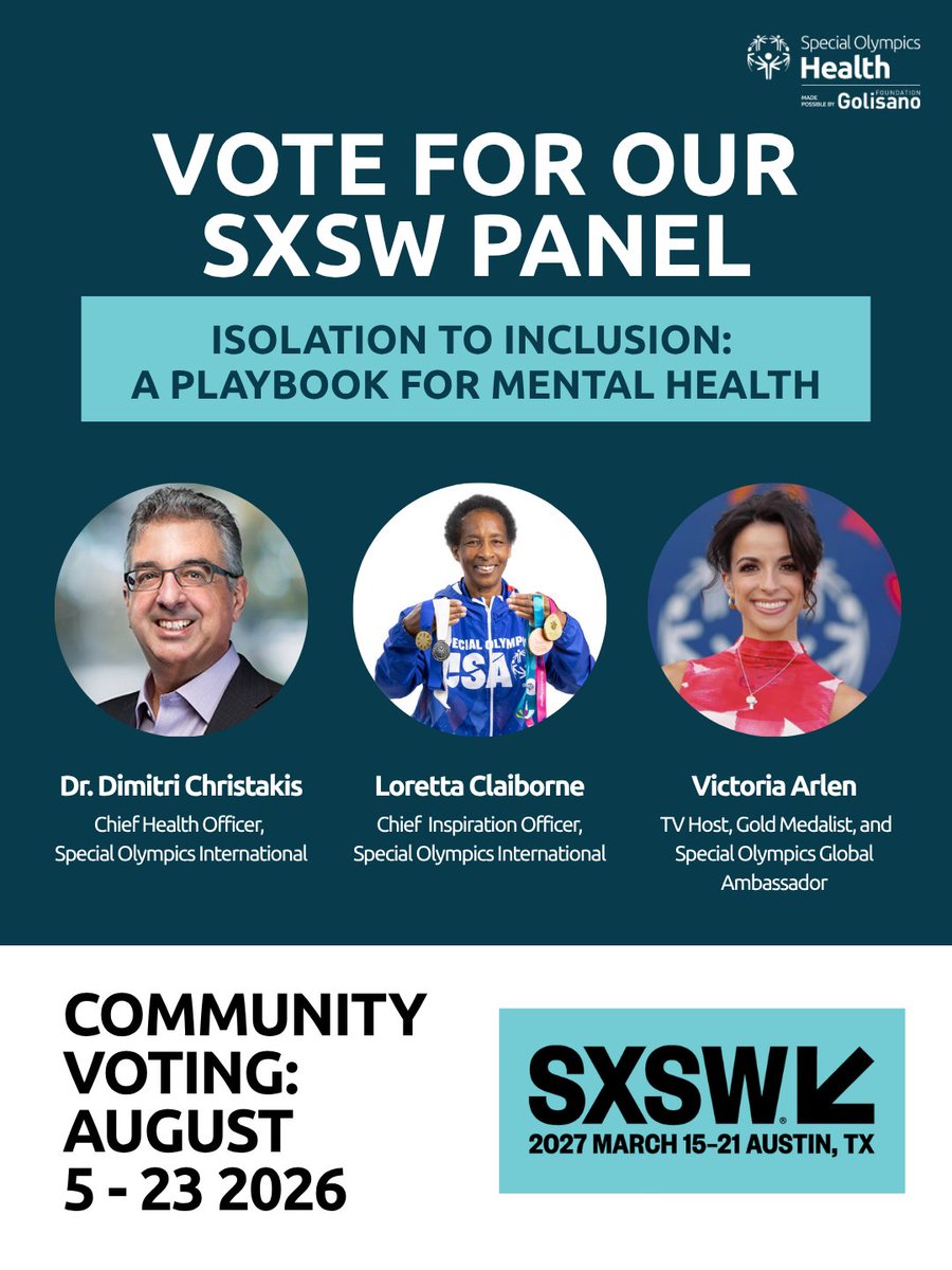 SpecialOlympics's tweet photo. Your vote can help bring #InclusiveHealth to @SXSW! 

Special Olympics panel highlighting the mental health disparities experienced by people with intellectual disabilities and the solutions needed to close the gaps. 

🗳️ vote now: 🔗 https://t.co/L3GAcjKNj4 #InclusiveHealth https://t.co/lDLM7ko2Ay