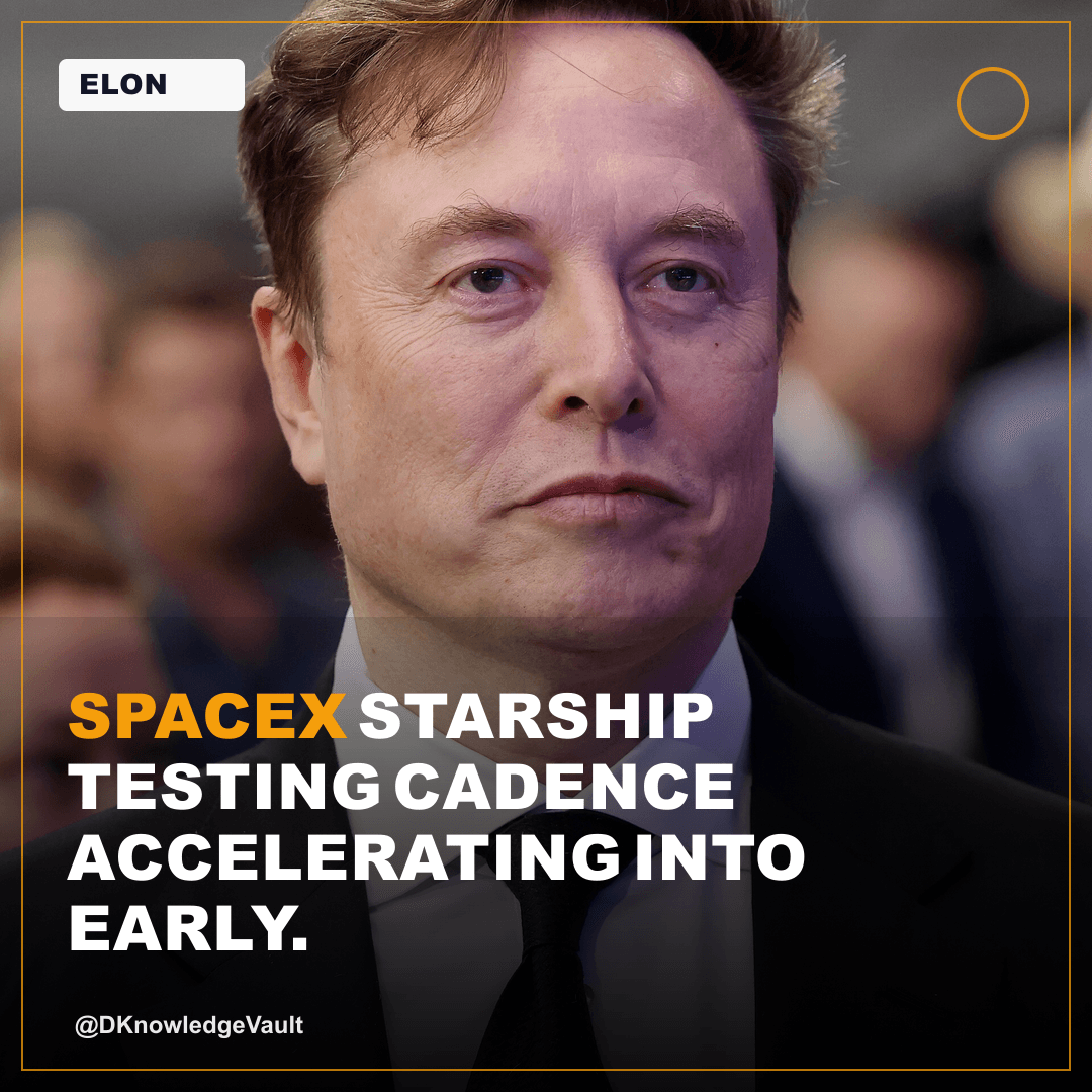 DKnowledgeVault's tweet photo. SpaceX Starship testing cadence accelerating into early 2025—here's your action item: rapid iteration beats perfect launches. Each test failure feeds the algorithm faster than competitors can plan. Elon's playing chess while others read checklists. The pattern? More launches in …