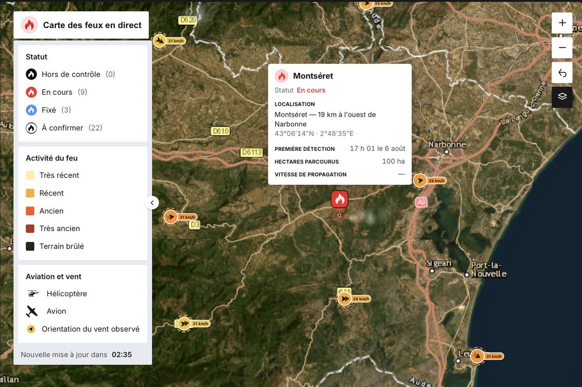 record_py's tweet photo. 🔥Important #feu en cours sur la commune de #Montséret dans l'Aude. 100 hectares déjà parcourus. Suivez l'incendie sur recordpy.

https://t.co/smCiQg8Wnl https://t.co/UXxVGocgdc