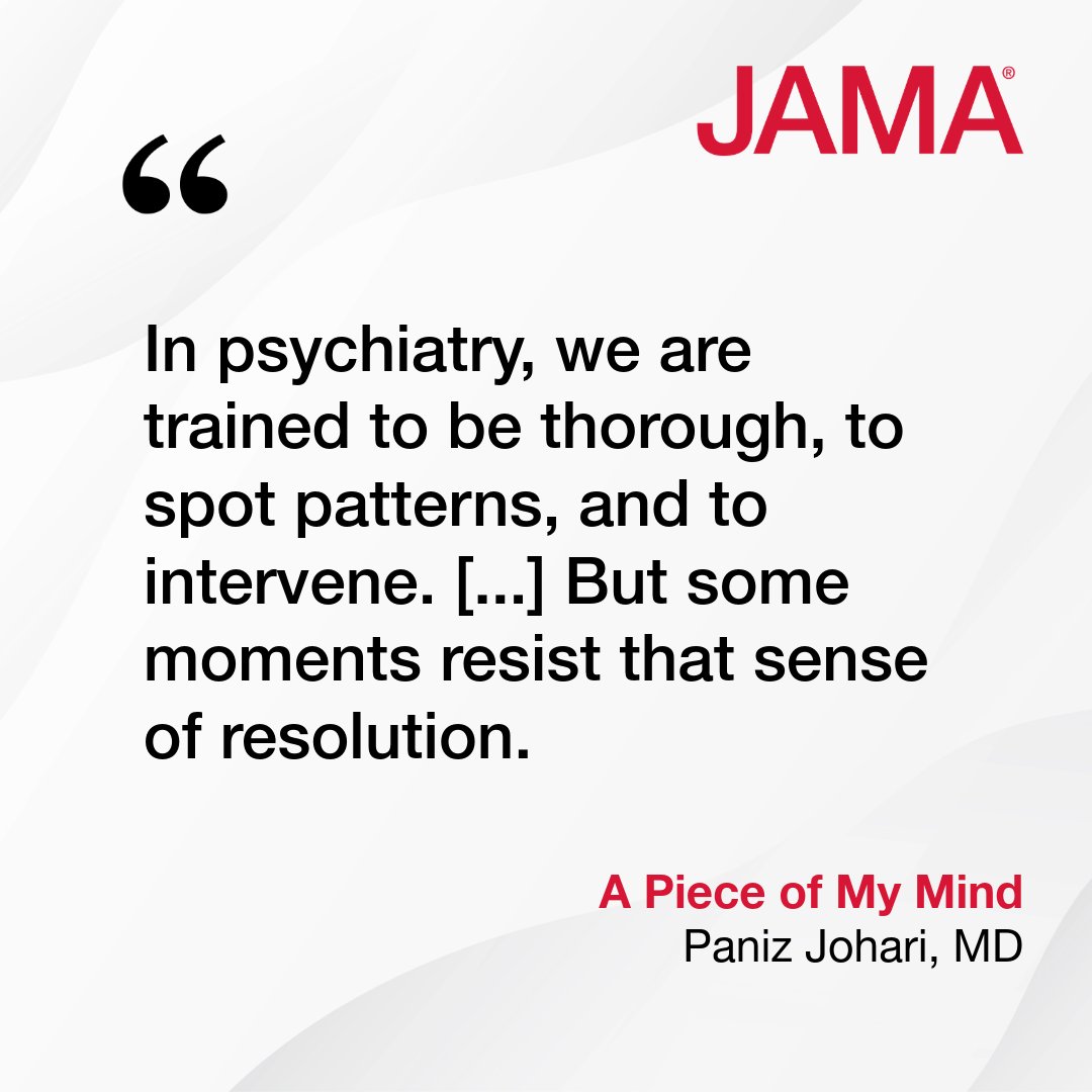 JAMA_current's tweet photo. "I still believe in the importance of our work. But this loss revealed that even skill, intention, and care have limits." 

In #APieceofMyMind, a psychiatric resident tries to process the loss of a patient to suicide. 

https://t.co/qMFOP7xzdk https://t.co/NIFArw234k