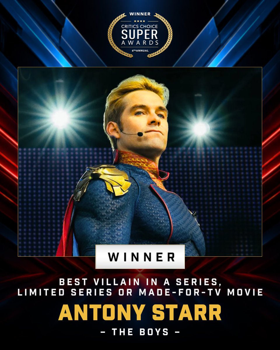 CriticsChoice's tweet photo. Congratulations to Antony Starr!🏆
Winner of the Best Villain in a Series, Limited Series or Made-for-TV Movie category for his performance in “The Boys” for the 6th Annual Critics Choice Super Awards! 🎬🔥

#CCSuperAwards #TheBoys #AntonyStarr #CriticsChoice https://t.co/JTDVFvFIw5