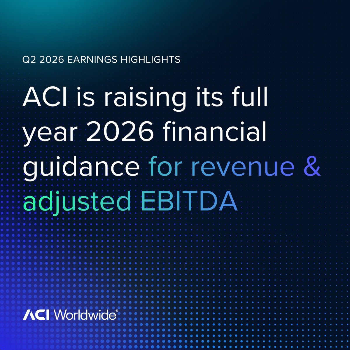ACI_Worldwide's tweet photo. 𝗔𝗖𝗜 𝗪𝗼𝗿𝗹𝗱𝘄𝗶𝗱𝗲 𝗿𝗲𝗽𝗼𝗿𝘁𝘀 𝘀𝘁𝗿𝗼𝗻𝗴 𝗤𝟮 𝗿𝗲𝘀𝘂𝗹𝘁𝘀. Revenue increased 7% YoY to $430 million in the quarter. Adjusted EBITDA increased 12% YoY to $91 million. Full results available in today's release. https://t.co/raGWyrJ1uB https://t.co/cXX9mtNR4N
