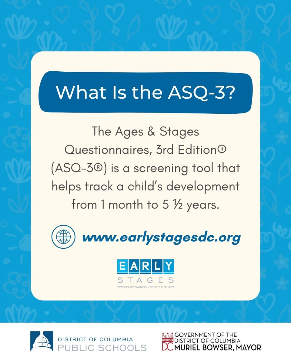 EarlyStagesDC's tweet photo. The Ages &amp; Stages Questionnaires, 3rd Edition (ASQ-3) is a tool used to screen child development. Learn more at https://t.co/SROlZ2MCfo. 

#ChildDevelopment #DCPS #SpecialEducation #EarlyStagesDC https://t.co/w0Us2sFnQy