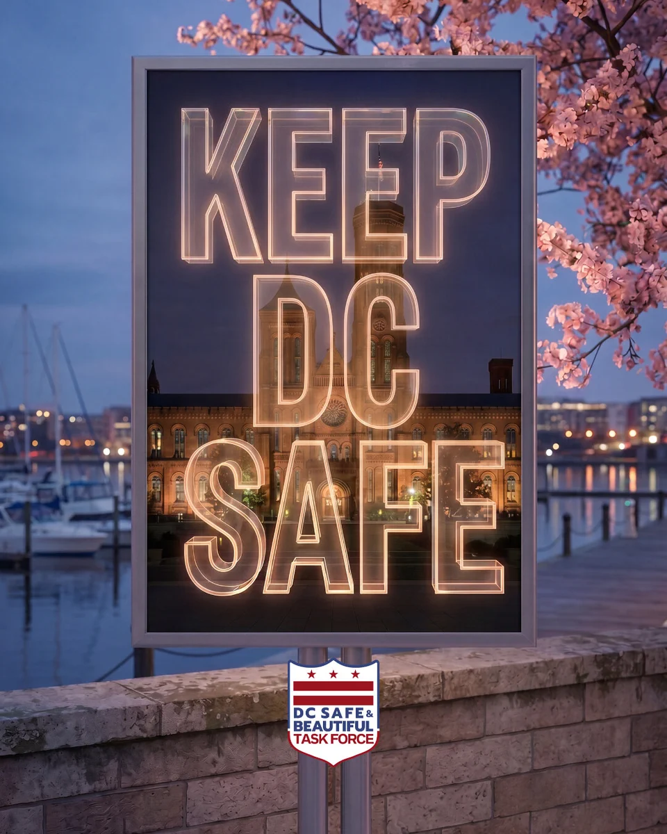 The Washington, D.C. waterfront is shown with a cherry blossom tree overlooking a marina with a plethora of boats. The message "Keep DC Safe" is superimposed over the scene, along with the DC Safe & Beautiful Task Force seal.