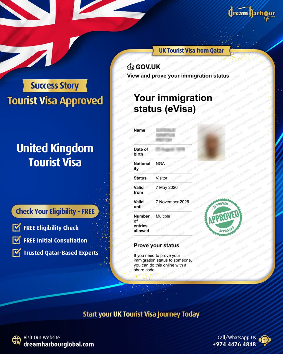 DreamHarbourG's tweet photo. ๐Success Story: UK Tourist Visa Approved! โ
๐#Congratulations to our #VisitorVisa client on receiving #UnitedKingdom #TouristVisa #approval in #Qatar! ๐โ๏ธ
๐ Apply Now for Free Eligibility Check+Consultation: https://t.co/LTUWuRE3K4
๐ฒ Call / WhatsApp us: +97444764848 https://t.co/PcYtZj0fia