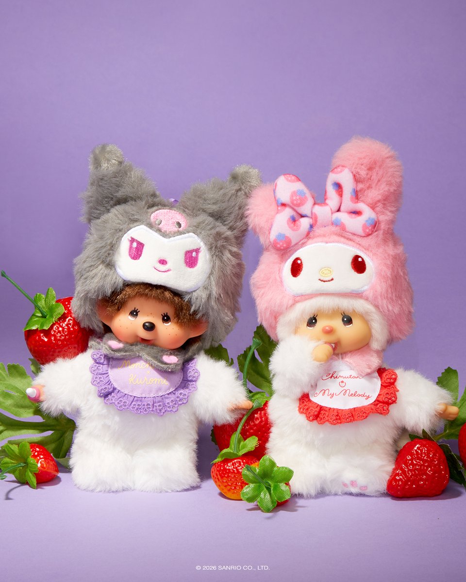 sanrio's tweet photo. Your new besties 💜🍓🩷 Shop the Monchhichi x My Melody and Kuromi plush bag charms here: https://t.co/3UmlG0qjiC https://t.co/y6PkBqcrlg