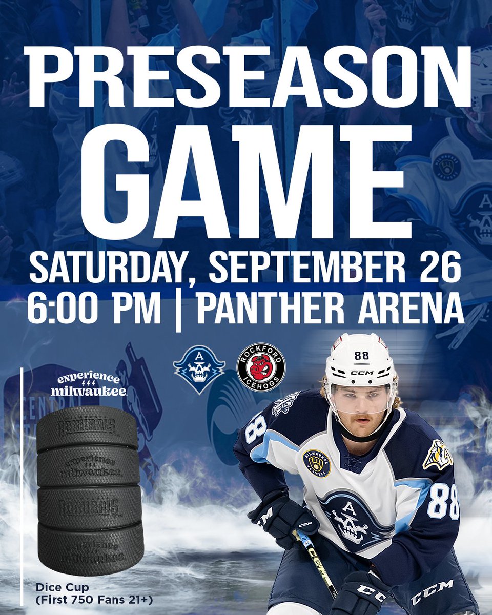 mkeadmirals's tweet photo. the hockey before hockey❕

we're hosting the Rockford IceHogs for a preseason matchup on Saturday, Sept. 26 at @UWMPantherArena! 
the best part? the first 750 fans, age 21+ can *finally* get their @EXPMKE Dice Cup at the door!

🎟️: https://t.co/r6KEOUXCkF https://t.co/rVT8BF9tQo