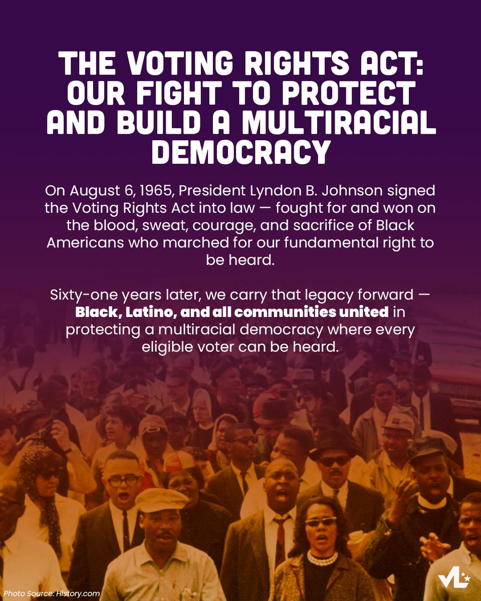 votolatino's tweet photo. Today marks the anniversary of the Voting Rights Act, a landmark law that expanded access to the ballot and strengthened our multi-racial democracy. We honor the civil rights leaders who fought for this right &amp; commit to expanding voting access.

https://t.co/Q8ICfebYHv https://t.co/ysi151T6W1