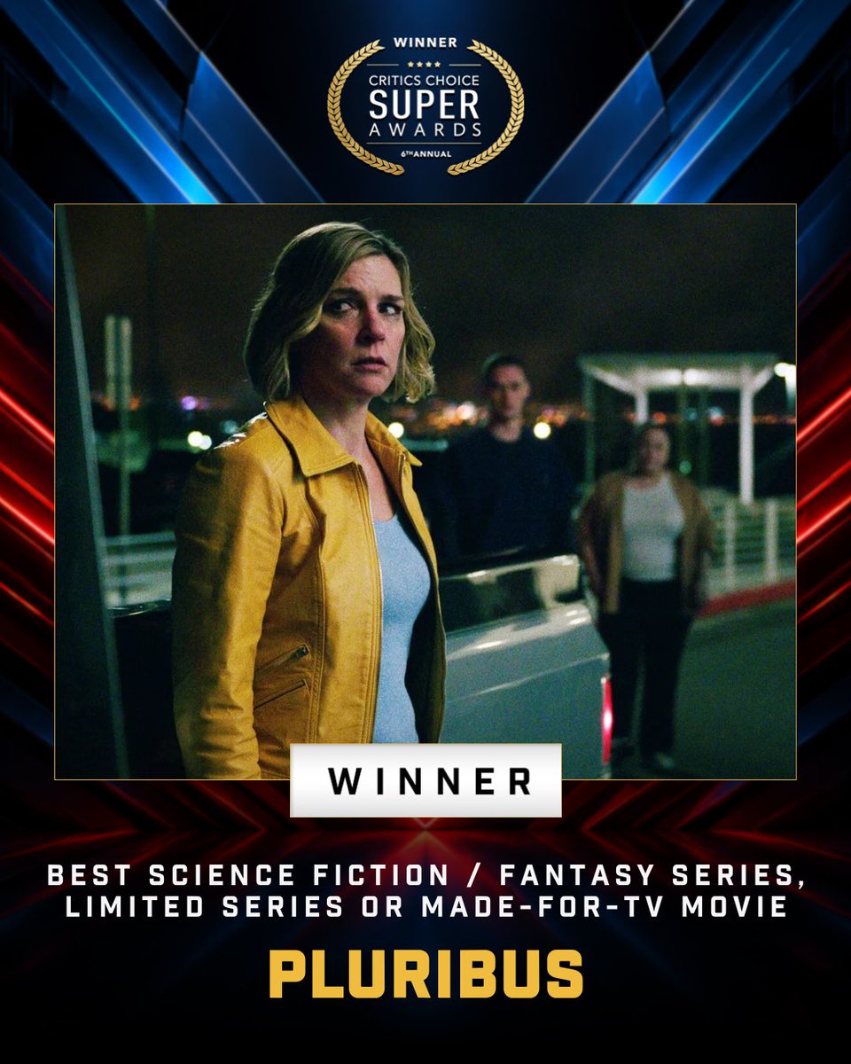 CriticsChoice's tweet photo. Congratulations to “Pluribus!”🏆
Winner of the Best Science Fiction / Fantasy Series, Limited Series or Made-for-TV Movie category for the 6th Annual Critics Choice Super Awards! 🚀🎬

#CCSuperAwards #Pluribus #CriticsChoice https://t.co/Iaa4didMqv