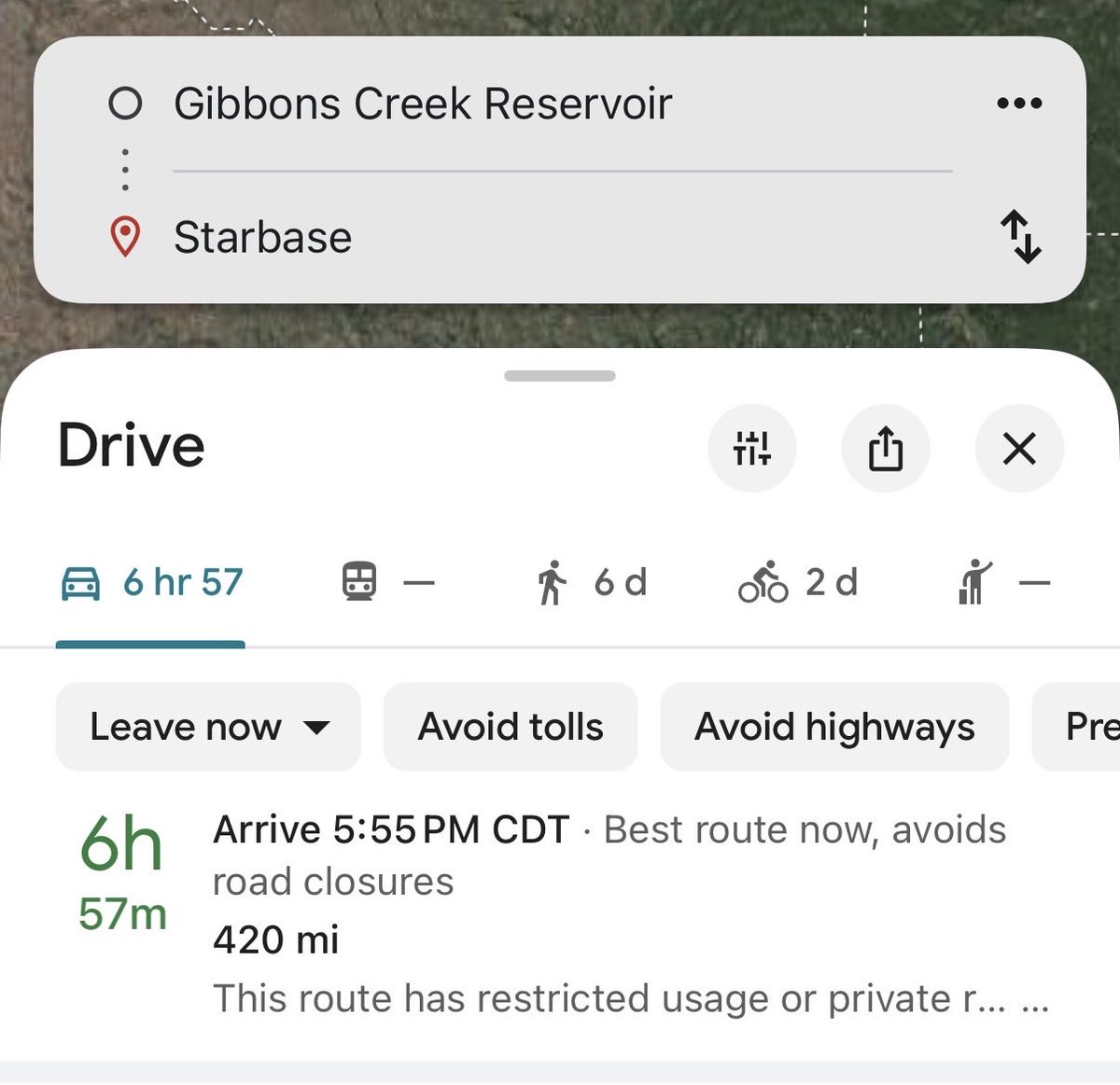carpetron_d's tweet photo. @Tesla Precisely a 420 mile drive to Starbase, as foretold in the prophecy @elonmusk https://t.co/tjL11IPZIQ
