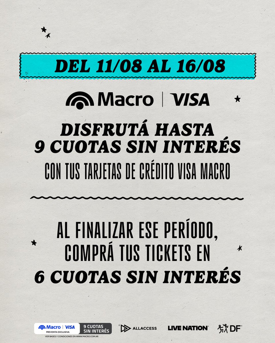 dfallaccess's tweet photo. ES OFICIAL: FOO FIGHTERS VUELVE A ARGENTINA 🇦🇷

Después de encabezar el line up de Lollapalooza en 2022, la banda vuelve a Argentina en el marco del Take Cover Tour presentando su último disco de estudio “Your Favorite Toy”, con @udsenalemelo y Pacifica como artistas invitados. 

📍25 de febrero 2027, Estadio River Plate

🎟️ PREVENTA EXCLUSIVA BANCO MACRO VISA: Martes 11 de agosto, 10:00 hs

🎟️ VENTA GENERAL: Miércoles 12 de agosto, 10:00 hs

Tickets únicamente a través de https://t.co/YvSTd47SMM

Durante Concert Week disfrutá 9 cuotas sin interés con tarjetas Banco Macro Visa 💳 (11 al 16 de agosto). Luego, 6 cuotas sin interés con tarjetas Banco Macro @VisaArgentina
