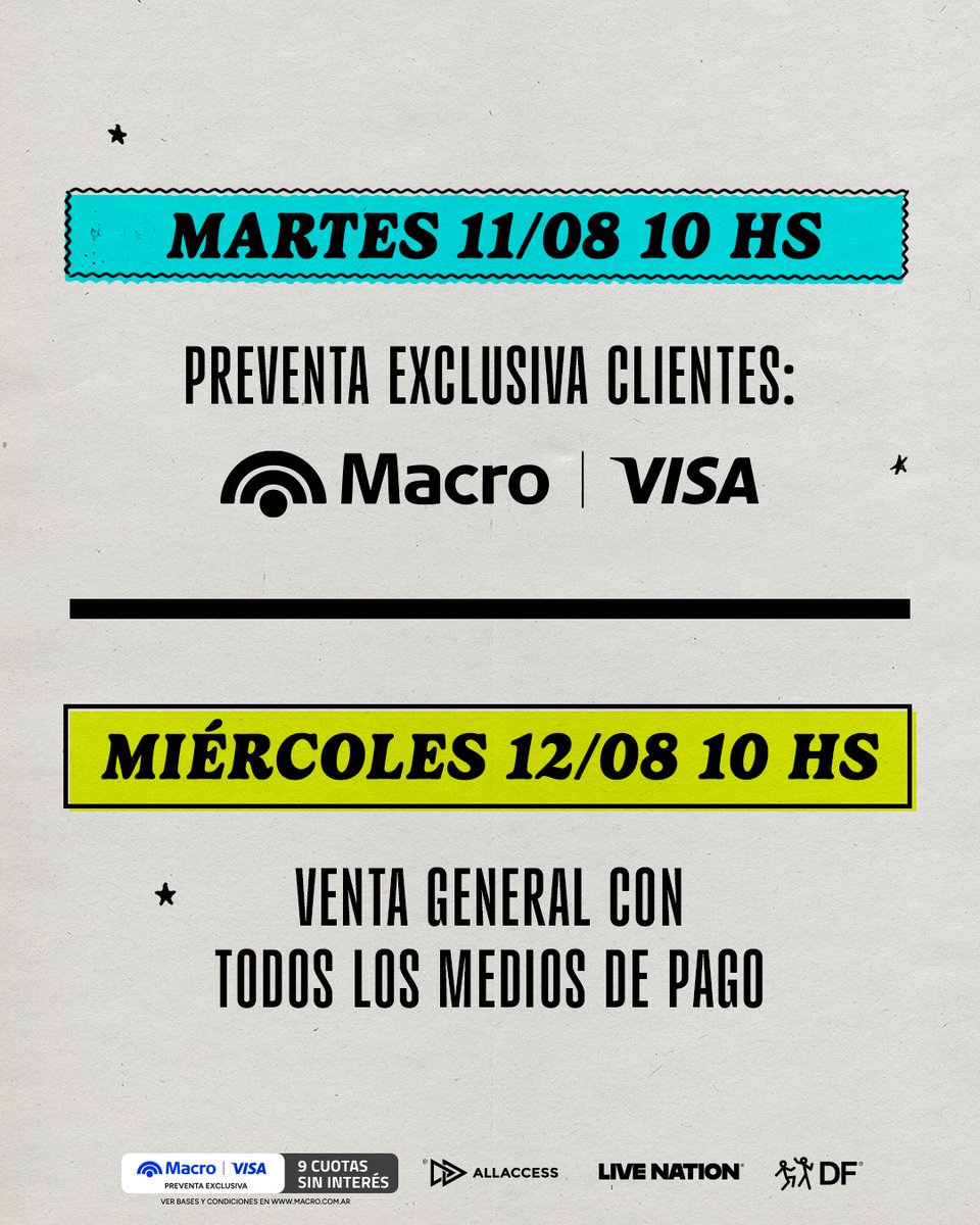 dfallaccess's tweet photo. ES OFICIAL: FOO FIGHTERS VUELVE A ARGENTINA 🇦🇷

Después de encabezar el line up de Lollapalooza en 2022, la banda vuelve a Argentina en el marco del Take Cover Tour presentando su último disco de estudio “Your Favorite Toy”, con @udsenalemelo y Pacifica como artistas invitados. 

📍25 de febrero 2027, Estadio River Plate

🎟️ PREVENTA EXCLUSIVA BANCO MACRO VISA: Martes 11 de agosto, 10:00 hs

🎟️ VENTA GENERAL: Miércoles 12 de agosto, 10:00 hs

Tickets únicamente a través de https://t.co/YvSTd47SMM

Durante Concert Week disfrutá 9 cuotas sin interés con tarjetas Banco Macro Visa 💳 (11 al 16 de agosto). Luego, 6 cuotas sin interés con tarjetas Banco Macro @VisaArgentina