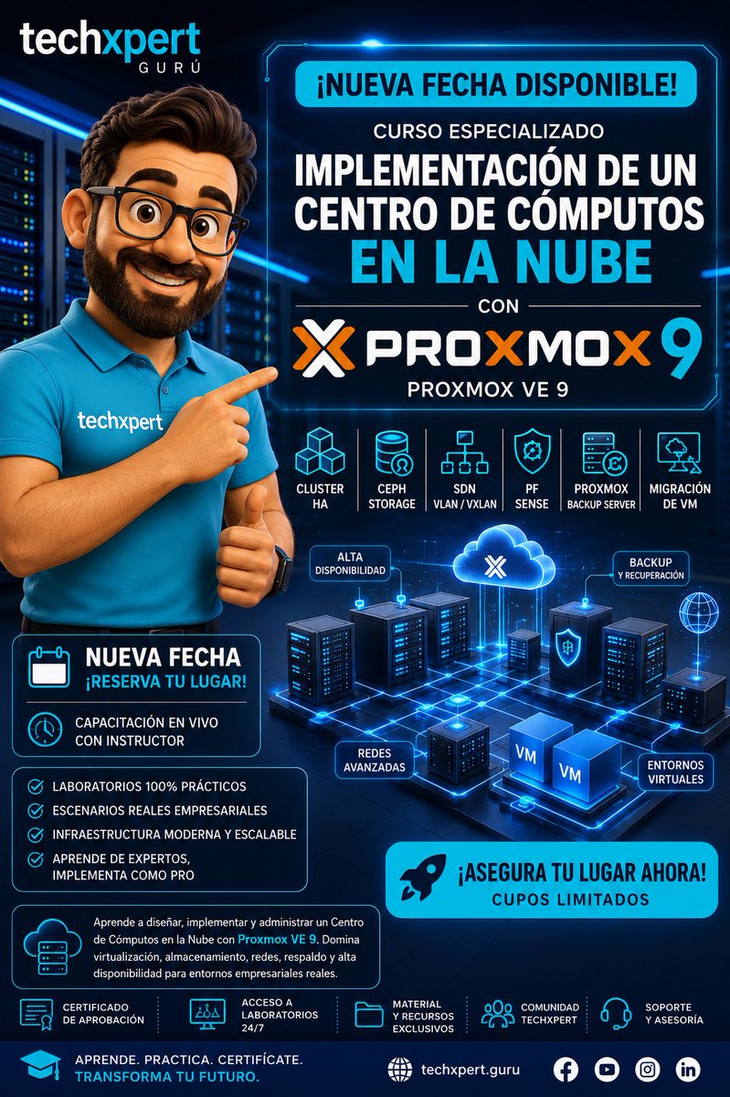TechXpertGuru's tweet photo. Proxmox VE 9 e implementa un Centro de Cómputos en la Nube con laboratorios prácticos.

✅ HA Cluster
✅ Ceph
✅ SDN
✅ pfSense
✅ Backup Server
✅ Migración de VM

🎓 Capacitación en vivo.

🌐 https://t.co/00q7fKLlk8

#Proxmox #Cloud #Virtualización #Linux #DataCenter https://t.co/c7UYMCz4Pf