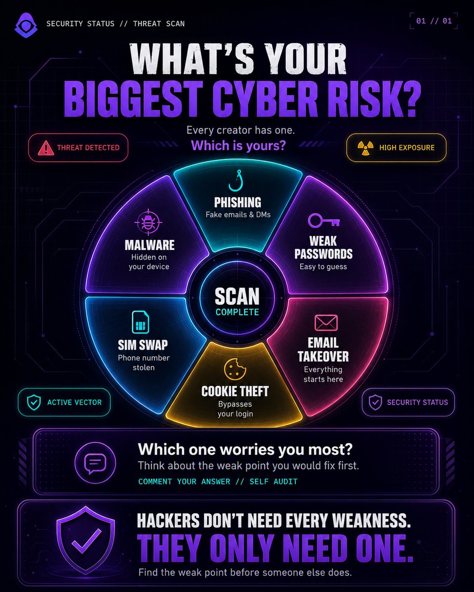 CLOAKCyber's tweet photo. Hackers don't need every weakness.

They only need one.

Which cyber risk concerns you the most?

• Phishing
• Weak passwords
• Email takeover
• Cookie theft
• SIM swap
• Malware

Reply with your answer.

#CLOAK https://t.co/p4S1qpqLIE