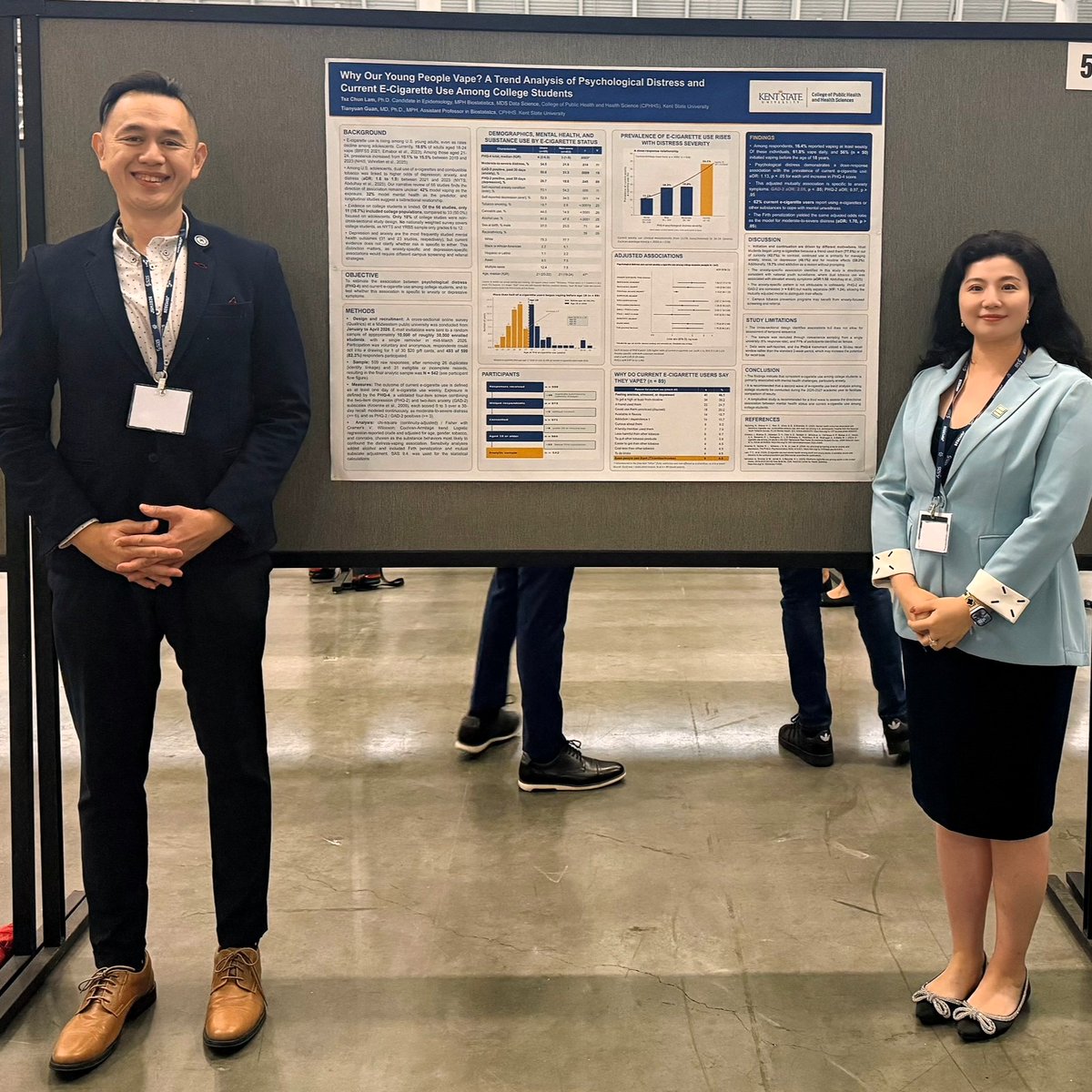 KentCPHHS's tweet photo. Congrats to Tsz Chun Lam, PhD candidate, and asst. prof. Tianyuan Guan, PhD, on presenting their research at #JSM2026 in Boston! Their poster examines the link between psychological distress and vaping among college students. Proud to see #KentCPHHS excellence on national stage! https://t.co/K3OK4qNaQx