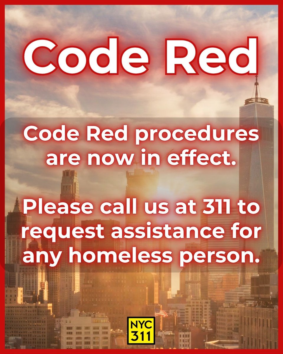 nyc311's tweet photo. Code Red is in effect.

If you see a homeless person outside in these extreme temperatures, please call us at 311. https://t.co/QU2hjeJab2