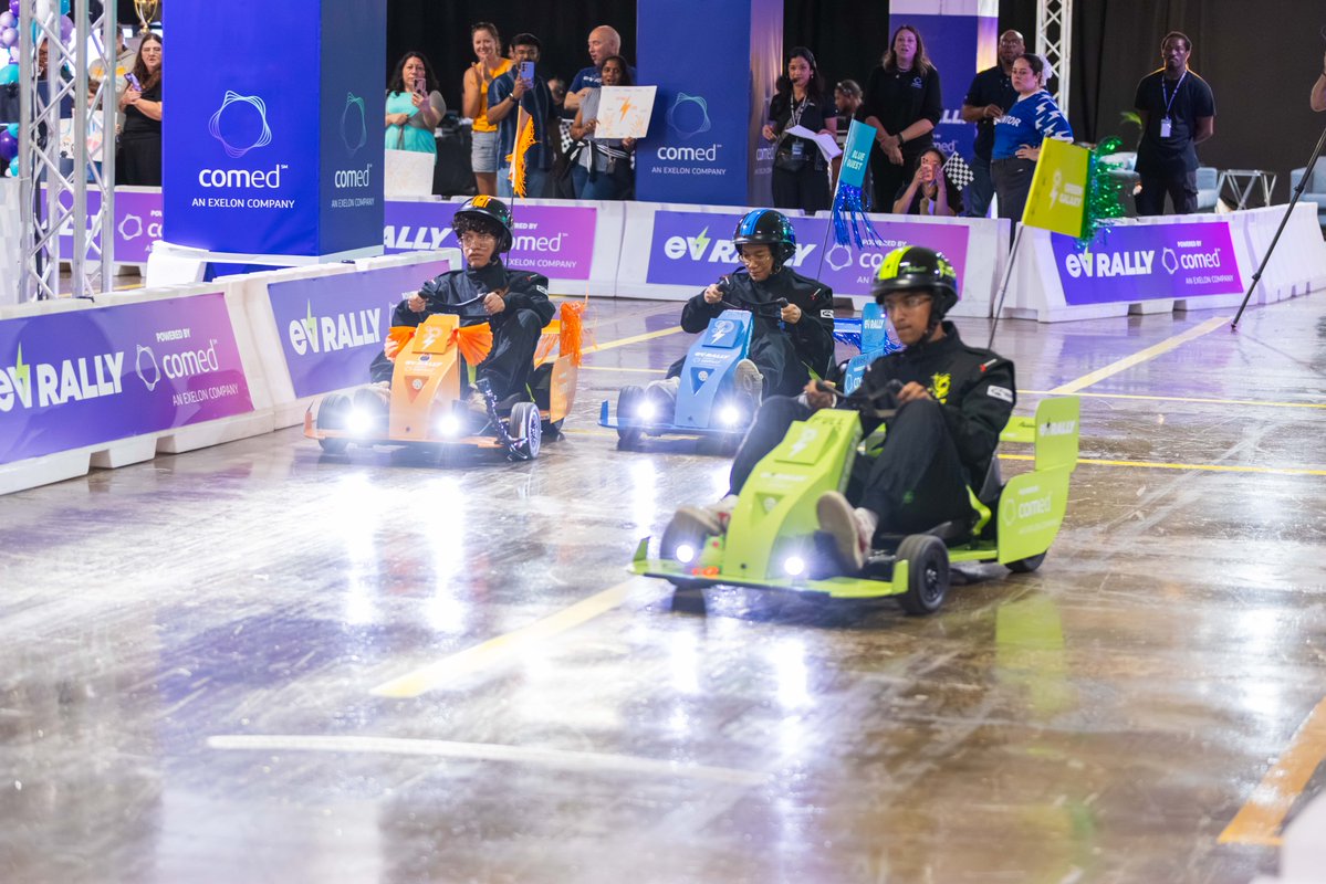 ComEd's tweet photo. What an electrifying day at Saturday's #ComEdEVRally Race Day!🏎️🏁 

Sixty local students and ComEd mentors came together to learn about STEM while working to build and race electric go-karts. Congrats to the girls' Green Galaxy team and boys' Teal Turbo team for taking the win! https://t.co/bLgWy3c5d3